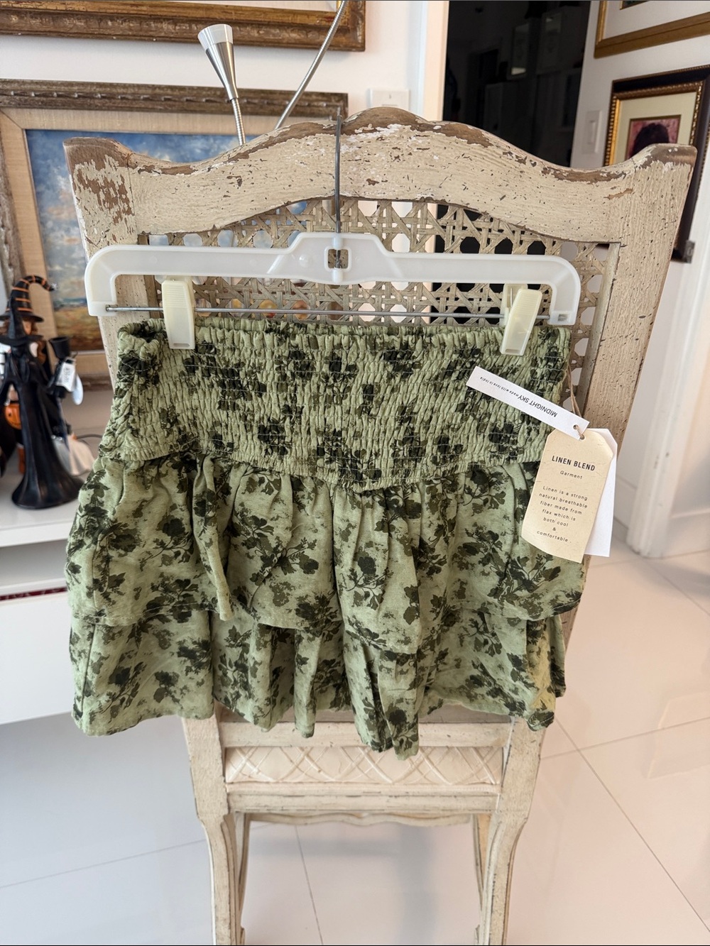 Midnight Sky Linen-Blend Olive Floral Smocked Mini Skirt